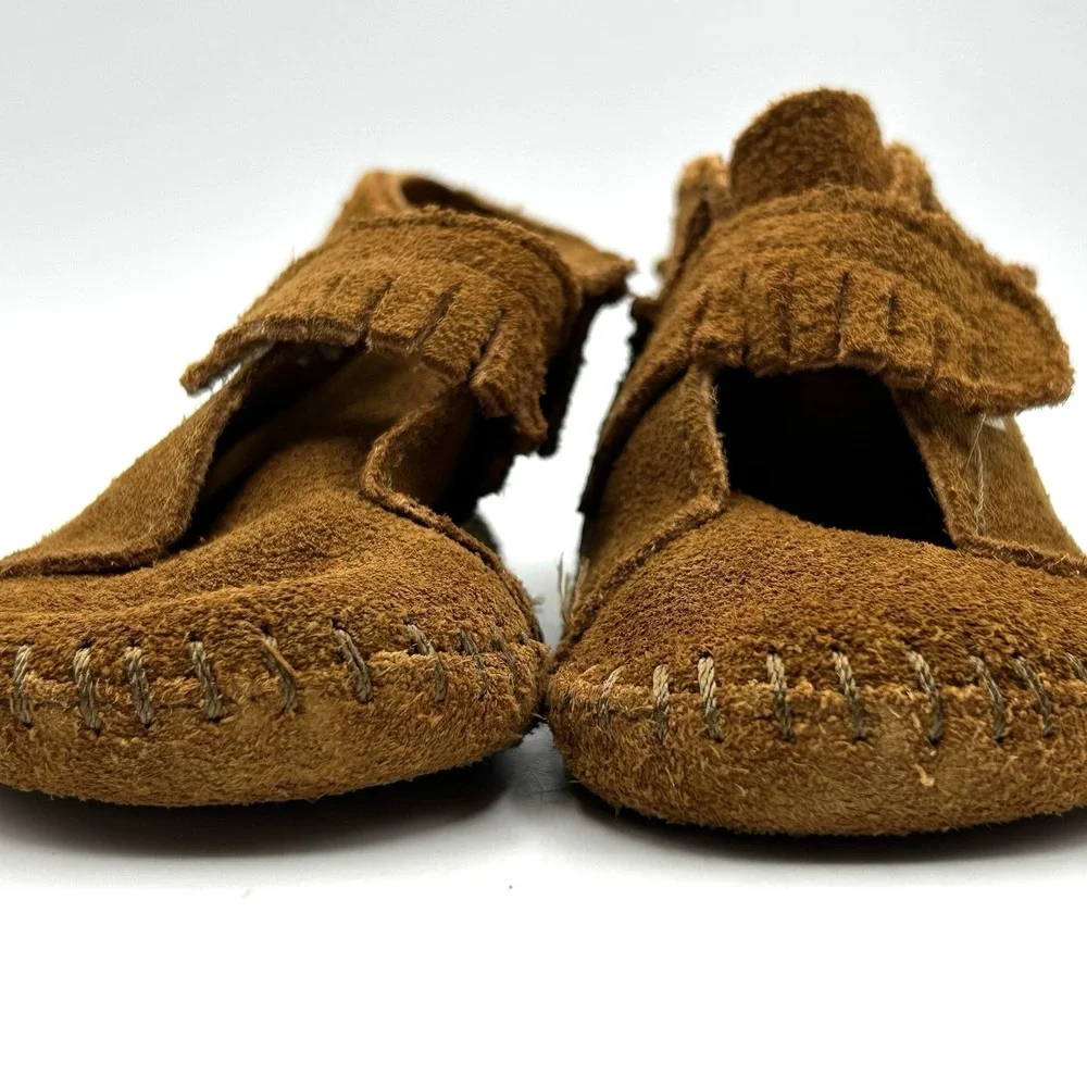 Vtg Minnetonka Brown Suede Moccasin Booties Infant Sz6 PaPooShu Fringe Boho Baby